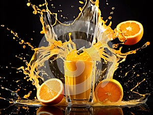 Glass with fresh oranges on reflective black surface. Dynamic splash of orange juice