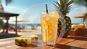 A glass with a fresh pineapple cocktail stands on a table, on a background on the beach and blue sky