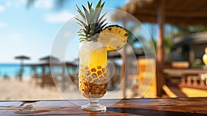 A glass with a fresh pineapple cocktail stands on a wooden table, on a blurred background on the beach
