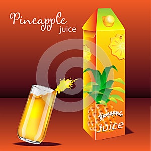 A glass of fresh pineapple juice and packaging of pineapple juic