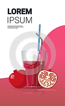 Glass of fresh pomegranate juice with straw and sliced fruits vertical copy space