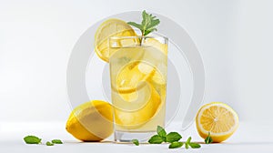 Generative AI Illustration a glass of fresh sliced lemon in soda water and mint isolated on white background