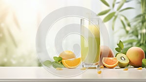 Glass of fresh smoothie and ingredients on white table against blurred background