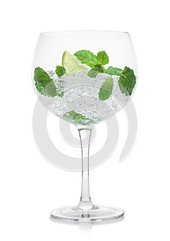 Glass of fresh sparkling water lemonade with mint and ice cubes on white background