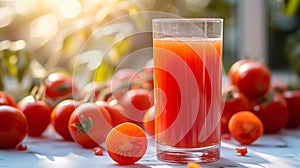 Generative AI Illustration glass of fresh tomato juice with sliced tomato on white table with natural green background