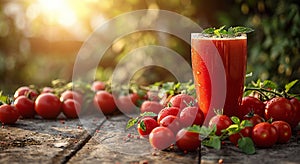 Glass of fresh tomato juice on table on wooden table on harvest plantation field background.Macro.AI Generative