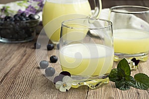 A glass of fresh whey with a jug of whey and blueberries