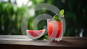 Glass of freshly made watermelon juice with lime and mint on wooden table outdoors, generative ai