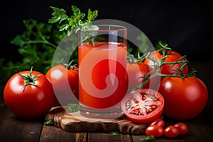 Glass of freshly squeezed tomato juice with ripe red tomatoes on a rustic wooden table