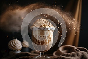 A glass of frozen iced coffee with whipped cream on dark background