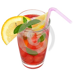 Glass with fruit cocktail and mint leaves isolated