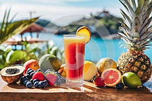 glass of fruit juice cocktail on a table, exotic atmosphere, Generated image