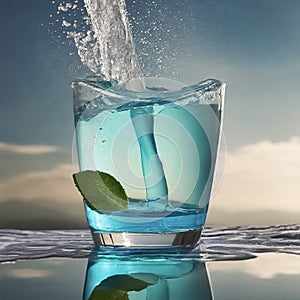 Glass full of light blue mouthwash with mint leaf, with water flowing inside