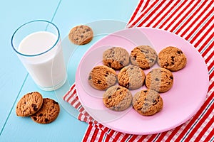 A glass full of milk, chocolate chip cookies in a pink plate and a red tablecloth on blue wooden table.