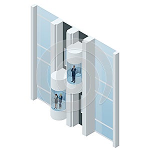 Glass futuristic cylindrical shape elevator or lift in the business center. Modern personal transportation. Isometric