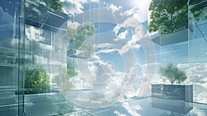 Glass geometric shapes, trees and cloudy sky hi-tech background. Generative AI