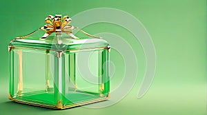 Glass Gift Box with Golden Bow on Green Background - A Luxurious Presentation with Ample Copy Space.