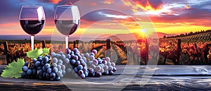 Glass glasses with red wine and bunches of grapes on the background of vineyards in the sunset rays