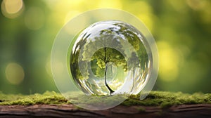 Glass globe ball, tree growing and green nature blur background. Eco earth day concept. Generative AI