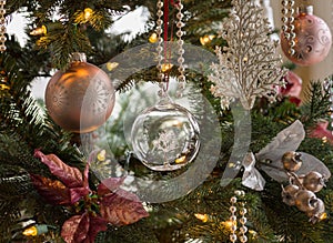Glass globe on christmas tree detail