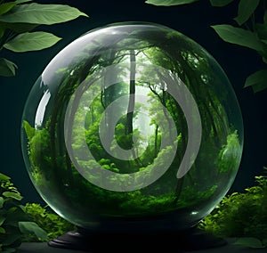 Glass globe encircled by verdant forest flora plants