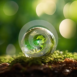 Glass globe filled with water, sitting on top of some green moss. There is also small frog inside globe, adding an