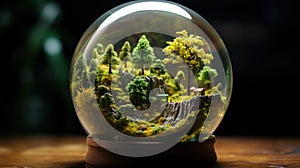 Glass globe with forest inside. Green planet, environmental conservation concept