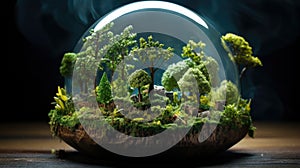 Glass globe with forest inside. Green planet, environmental conservation concept