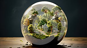 Glass globe with forest inside. Green planet, environmental conservation concept