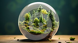 Glass globe with forest inside. Green planet, environmental conservation concept