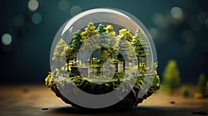 Glass globe with forest inside. Green planet, environmental conservation concept