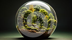 Glass globe with forest inside. Green planet, environmental conservation concept