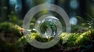 Glass Globe On Grass Moss In Forest - Green Planet With Abstract Bokeh Lights - Environmental Conservation Concept, generative ai