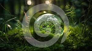 Glass Globe On Grass Moss In Forest - Green Planet With Abstract Defocused Bokeh Lights - Environmental Conservation Concept,