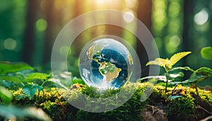 Glass globe in green forest. Transparent glass sphere. Environment conservation. Happy Earth day banner