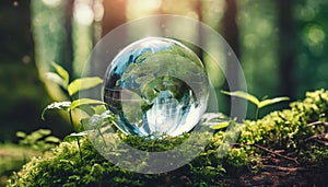 Glass globe in green forest. Transparent glass sphere. Environment conservation. Happy Earth day banner