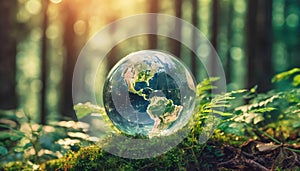 Glass globe in green forest. Transparent glass sphere. Environment conservation. Happy Earth day banner