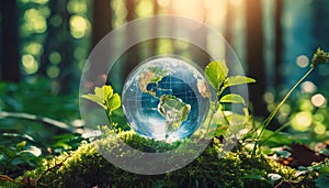 Glass globe in green forest. Transparent glass sphere. Environment conservation. Happy Earth day banner