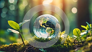 Glass globe in green forest. Transparent glass sphere. Environment conservation. Happy Earth day banner