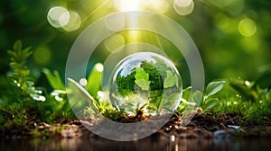 Glass globe with green grass and bokeh background. Ecology concept