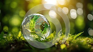 Glass globe on green grass and bokeh background. Environment conservation concept, save earth