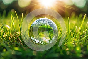 Glass globe in green grass at sunny background. Concept of the Environment World Earth Day. Generative AI