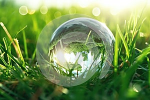 Glass globe in green grass at sunny background. Concept of the Environment World Earth Day. Generative AI