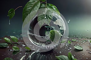 Glass globe with green leaves and water drops on dark background, environmental concept