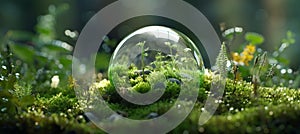 Glass globe on green moss in nature environment conservation concept