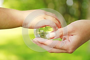 Glass globe in the hand of a parent and child