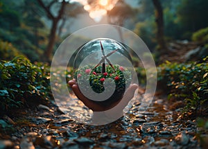 Glass globe is held in hand on forest path with windmill inside.