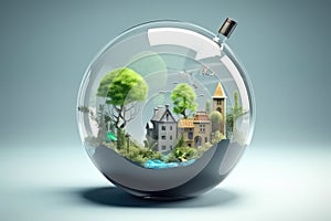 Glass globe with houses and forest inside. Generative AI