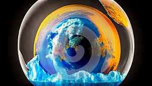 Glass globe with an image of the earth in it. global warming ozone holes greenhouse effect. Generative AI