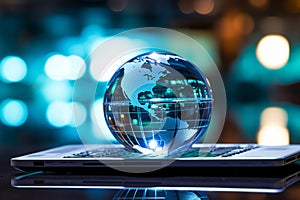 A glass globe on a laptop symbolizes a global business perspective